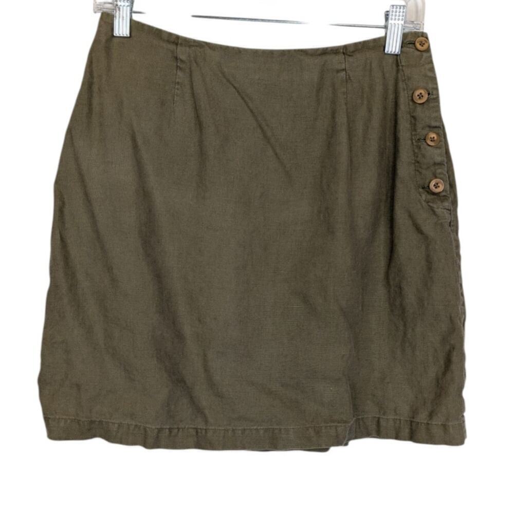 Vintage G.H. Bass & Co. 8 Skirt Linen Olive Green Women's Pocket Button Detail